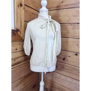 Deborah Sweeney Cream Vintage Tie Neck Puff Sleeve Button Back Blouse Size 6